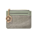 Slim Morandi green leather card holder with grey fabric detail and gold zipper keychain - Green
