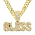 Men's gold plated cuban chain necklace with diamond iced out BLESS letter pendant - 50cm Cuban Chain / Gold