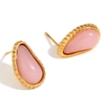 Chic 18K gold plated stainless steel stud earrings featuring a pear-cut pink stone inlay - Serrated Teardrop Gemstone Stud Earrings - Gold Pink