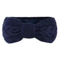 Detail view of navy blue knitted bow headband with thick fleece lining for winter warmth - Dark Blue