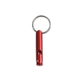 Red aluminum alloy survival whistle with a silver metal keychain on white background - Red