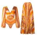 Detail of V-neck long sleeve bodysuit and matching pleated maxi skirt with orange tie-dye print - S / Tie-Dye Set