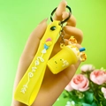 Bright yellow milk tea cup keychain with Love printed wrist strap and silver metal ring - Yellow (Rope Style, No Package)