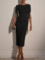 Detail of elegant black slim fit dress featuring slit cuffs with pearl bead embellishments - S / Black