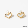 Golden heart-shaped 316 stainless steel stud earrings with white pearl and shell inlay - Shell Heart Style (KD2937) / Gold