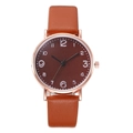 Detailed close-up of brown leather strap and gold quartz watch dial with white numerals - Brown