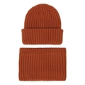Detailed view of the rust red ribbed knit hat and matching scarf set for autumn and winter - Caramel Orange