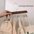 Dark brown solid wood hanger with 8 metal hooks for bags and accessories storage - 1 Piece / 8 Hooks / Antique Silver