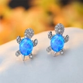 Blue turtle stud earrings with oval opal and cubic zirconia in silver finish - Platinum Blue Opal