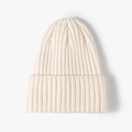 Minimalist creamy white ribbed knit beanie hat with wide fold-over cuff for winter - Cream White (20B119B)