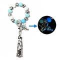 Porte-clés bracelet en perles de silicone lumineuses avec pompon blanc et tête de taureau - Bleu