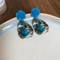 Artistic blue rose earrings with tropical island landscape drop on white ceramic plate - Seaside Dolphin Scenery Style (Style 4) / Bright Blue