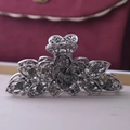 Silver vintage metal hair claw clip with butterfly flower motifs and dark grey rhinestones - Transparent Grey Rhinestone