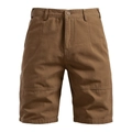 Close-up of cotton cargo shorts showing metal button, zipper fly and durable canvas texture - Khaki/Earth Yellow