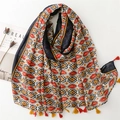 Ethnic pattern shawl scarf in navy blue with red tassels and soft floral geometry - 180*90CM / Ethnic Navy Blue