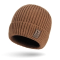 Men's winter knit beanie in brown with ribbed texture and leather patch detail - Tan
