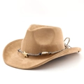 Khaki suede western cowboy hat with star ornament and ethnic beaded band on white background - M (56-58cm) / Camel