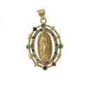 Macro shot of gold-plated Virgin Mary pendant with colorful zircon stones in oval frame - 02-Double Ring Rainbow Zirconia Virgin Mary