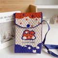 Detail of knit mini crossbody phone bag with orange and purple textured diamond pattern - Rabbit Beige