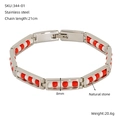 Detailed view of stainless steel beaded bracelet with red and white stones and dimensions - Red & White Beads - Steel (344)