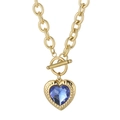 Gold-plated stainless steel chain necklace with a blue heart crystal and OT toggle clasp - Gold Blue Heart (KN229683-Z)