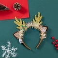 Light-up Christmas headband with golden sequin reindeer antlers and brown ears - LED Gold Antlers with Ears / Gold