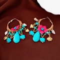 Bohemian large gold hoop earrings with pink flowers, turquoise pendants and small sea shells - Silver Needle-Gold-Bohemian Flower Turquoise(20#)