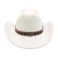 White western cowboy hat featuring a brown leather strap with silver studs and totem badge - One Size / White