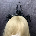 Detail of gothic halo crown with black satin roses and silver metal star accents - Black Silver Rose Star (Style 9)
