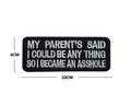 Black rectangle embroidered patch with white funny slogan text 10x4cm for DIY - I'm the Mistake My Parents Warned About
