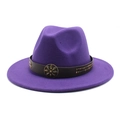 Detail of purple fedora hat featuring a brown leather band and bronze floral metal buckle - Purple