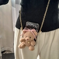 Plush brown bear phone holder with pink bow and gold pearl chain strap for crossbody use - Popular Heart Brown Bear Phone Back Clip