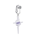 Detail of silver cross ear clip with rectangular purple gemstone and clear zircon accent - Silver Purple Square Stone Cross Sword (24012502-3)