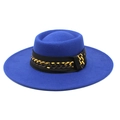 Detail of royal blue wool felt hat featuring a wide flat brim and gold chain hatband - 57-59cm / Blue