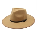Classic camel wool fedora hat with black leather belt buckle accessory and bound edge - M (56-58cm) / Camel