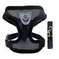Breathable black mesh pet harness and leash set with reflective shield and metal hook - Black