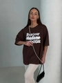 Oversized dark brown cotton T-shirt with Bonjour white lettering and drop shoulder design - S / Dark Coffee
