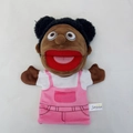 Plush black girl hand puppet toy wearing pink overalls and white t-shirt outfit - Black Daughter