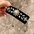 Velvet hair clip with a sun flower pearl centerpiece and dangling rhinestone chains - Silver Sunflower Rhinestone Tassel BB Clip