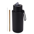 Matte black stainless steel insulated 1L water bottle set with gold straw and brush - 1 L / Pop-up Straw Lid / Black