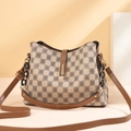 Retro checkered bucket bag for women with brown leather straps and gold metal chain - Khaki