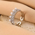 Elegant adjustable silver crown ring featuring white pearls and shimmering zircons - Silver Pearl Crown Open Ring (KX572)