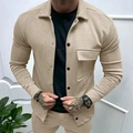 Detail of light khaki twill jacket with chest pocket and textured waffle pattern fabric - S / Khaki