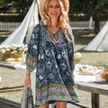 Mini abito floreale bohémien con scollo a V e maniche lunghe in fantasia blu scuro - S / Blu navy