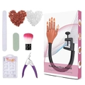 Professional nail practice hand set with false nails, files, and manicure tools on white background - Set 4