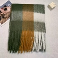 Thick mohair scarf with green, mustard yellow, and cream plaid pattern and fringe - White Khaki Green Plaid