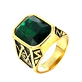 Anello massonico da uomo dorato con gemma verde smeraldo e simbolo G inciso - Misura 7 / Oro Nero con pietra verde