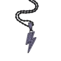 Black rope necklace featuring a hip hop style purple crystal encrusted lightning bolt pendant - Black Gold Purple Stone 60cm