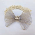 Detailed view of lace baby headband with large glitter mesh bow and rhinestone crown - Crown R-Style / Silver Gray