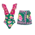 Pink and green one-piece swimsuit with grape print and matching sarong set for women - S / Top And Bottom / Ruffle Monokini + Short Skirt
